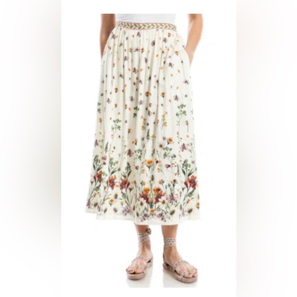 Women’s NWT Max studio Cottage Core Floral Midi Skirt Linen Blend pockets Large